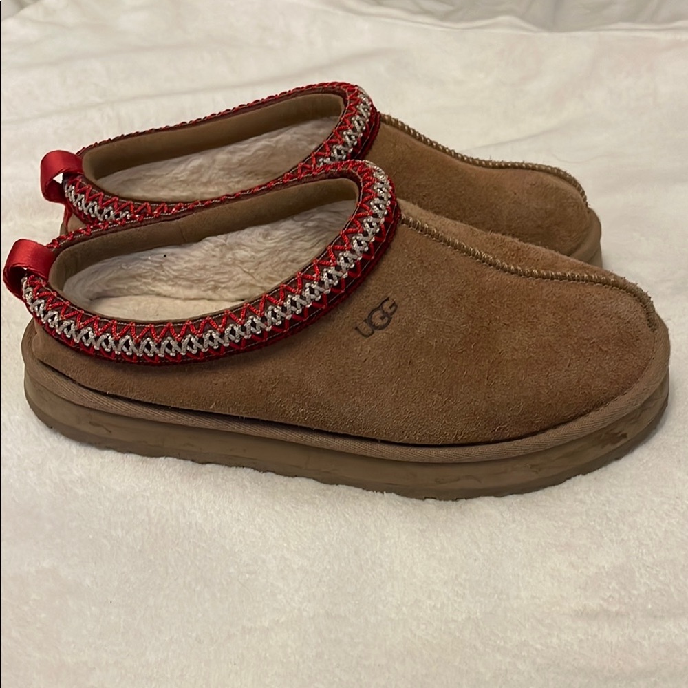 UGG Brown Suede Slippers with Red Trim